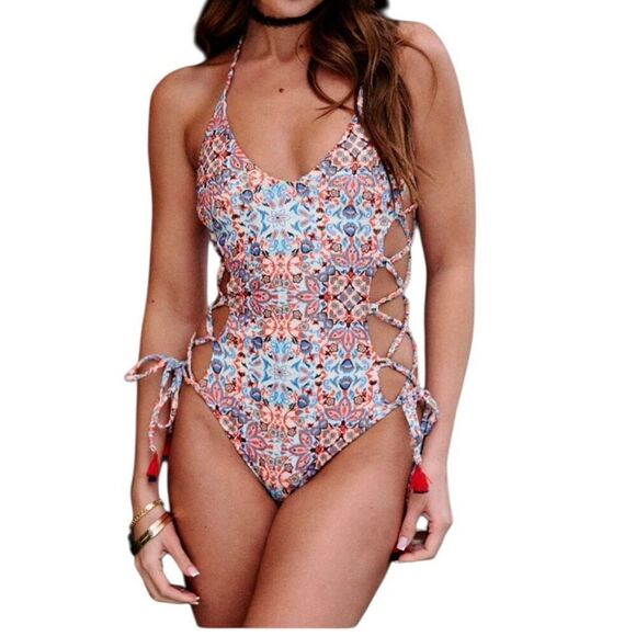 JMP the Label Negril Swimsuit Paisley Crinkle Side Ties Blue Orange 3XL NWT - Picture 1 of 9